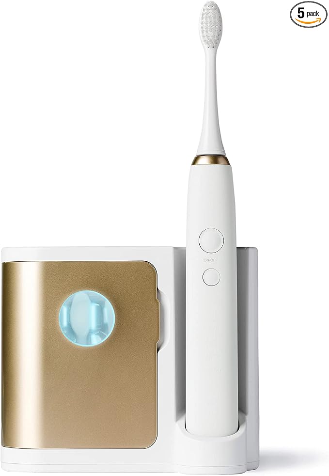 Vanity Planet Elements Ultrasonic Electric Toothbrush - Gold - Advanced Oral Care with UV Sanitizing Charger Base with 3 Replacement Heads - 99.9% Effective Keeping Your Teeth Clean | Advanced Oral Care with UV Sanitizing Charger Base with 3 Replacemen...