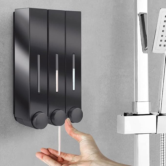 Liquid Soap Dispenser Wall Mount, 3 Chamber Bathroom Shower Pump Dispenser,Press Manually Lotion Soap Dispenser Use for Shampoo, Soap, Conditioner, Shower Gel, for Bathroom Kitchen Hotel (Black)