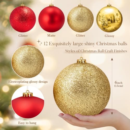 Jenaai 12 Pcs Large Christmas Ball Ornaments 6 Inch Big Oversized Shatterproof Christmas Tree Decorations Matte Glitter Giant Jumbo Plastic Hanging Baubles for Xmas Holiday Party Indoor Outdoor
