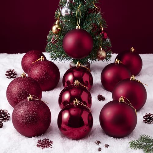 Wettarn 8 Pcs 6" Burgundy Christmas Tree Plastic Ball Ornaments