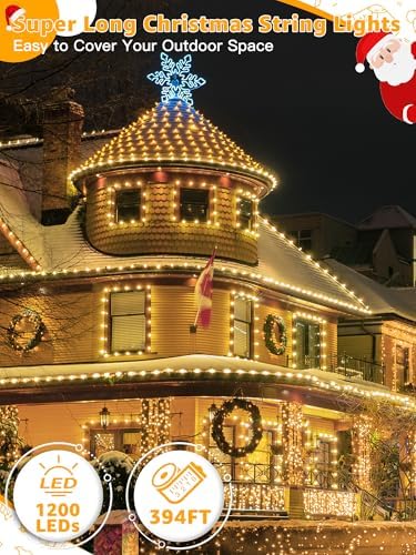 BrightChristmas Christmas Lights 1200 LED 394 FT, Waterproof Outdoor String Lights with Remote and Timer, Christmas Tree Lights with 8 Modes Dimmable, Fairy Lights for Holiday Decor (Warm White)
