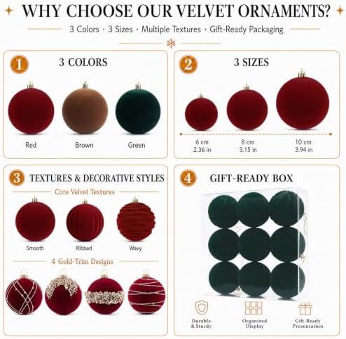 9Pcs Green Velvet Christmas Ornaments 3.94In Balls for Christmas Tree Deco