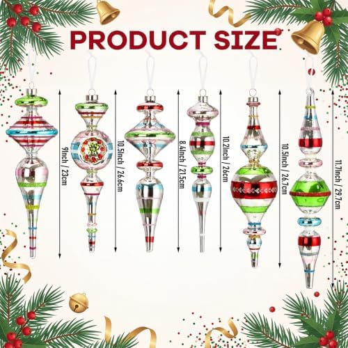 Soulchen 6 Pcs Vintage Glass Finial Christmas Ornaments Classic 9.84 Inch