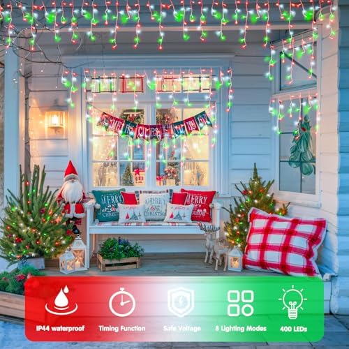 JMEXSUSS Red White and Green Icicle Lights for Outside, 38.8ft 400 LED