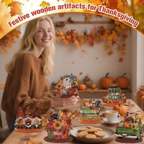 Leinuosen 12 Pcs Fall Decorations for Home Wooden Turkey Decor Thanksgiving Table Decorations Fall Centerpiece Maple Leaves Pumpkin Turkey Wooden Block Sign for Harvest Party Home Tiered Tray