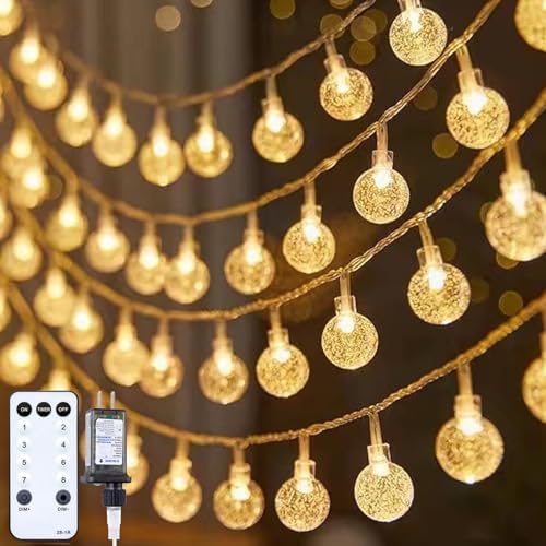Minetom Crystal Globe String Lights Plug in - 66 ft 200 LED Globe Fairy String Lights with Remote and Timer, Waterproof for Bedroom Tent Loft Bed Window Porch Patio Wedding Party Holiday Decor