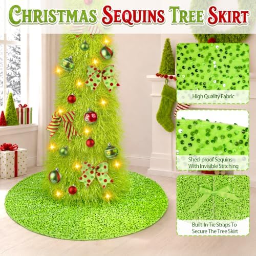 6FT Whimsical Pop-Up Christmas Tree with Lights 30” Tree Skirt, Green