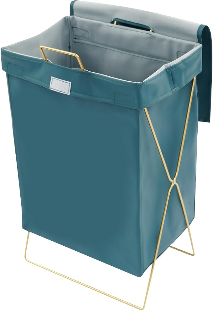 X-Frame Laundry Basket with Lid, Foldable Laundry Hamper, Gold Metal Collapsible Bag Sorter Organizer, Luxury Folding Dirty Clothes Washing Bin (Gold Fram+ Blue Bag)