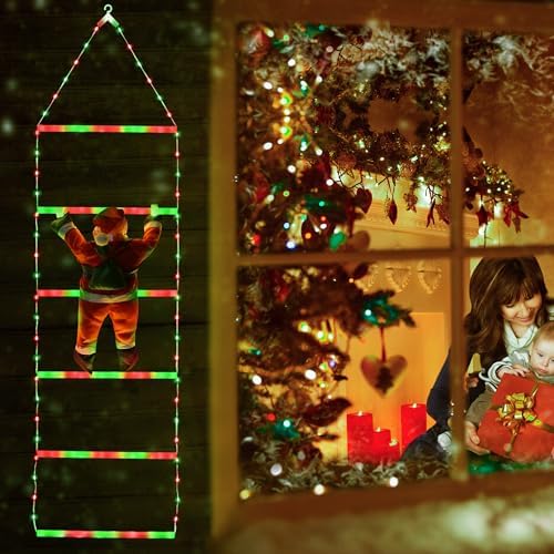 Toodour LED Christmas Light - 2.5FT Christmas Decorative Ladder Lights with Santa Claus, Xmas Decorations Light for Indoor Outdoor, Window, Garden, Home, Wall, Xmas Tree Decor - Red & Green