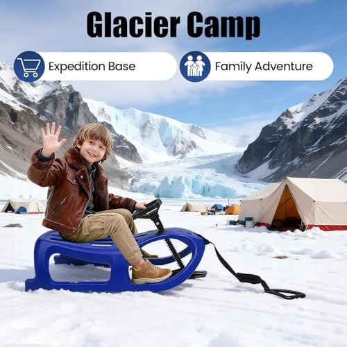 Snow Sled with Steering Wheel for Kids - Durable Blow Molded PE & Iron Winter Sleigh with Pull Rope, Single Rider for Outdoor Snow Fun, Blue Children's Sled