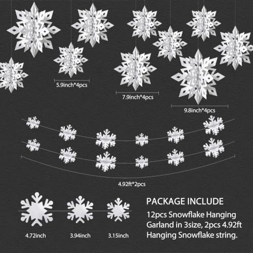 Snowflake Decorations, Paper Christmas Hanging Decor Indoor, White, 14-Pc