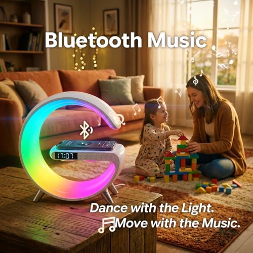 Smart LED Table Lamp Alarm Clock for Bedroom with Wireless Charging Bluetooth Speaker, App Controlled Night Light for Kids, Christmas Birthday Gifts for Teens Adults Desk Office Bedroom Decor (White）