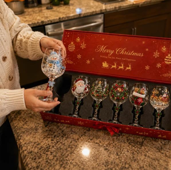 Christmas 3D Wine Glass Collection Gift Box Set, 3D Christmas Wine Glasses,Raised Holiday Goblet with Snowflake Decor,Festive Glassware,Holiday Party Decor,Wines & Cocktails,Table Decor (1pcs B)