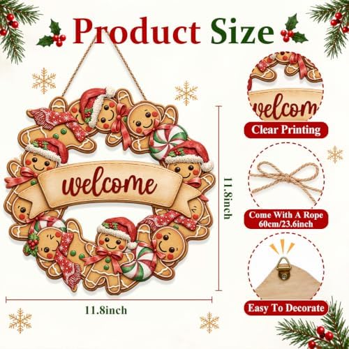 Gingerbread Christmas Decorations Welcome Wreath Wooden Front Door Sign