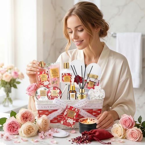 17Pcs Spa Gifts Bath Skin Care Set Relaxing Rose Spa Gift Baskets for Women