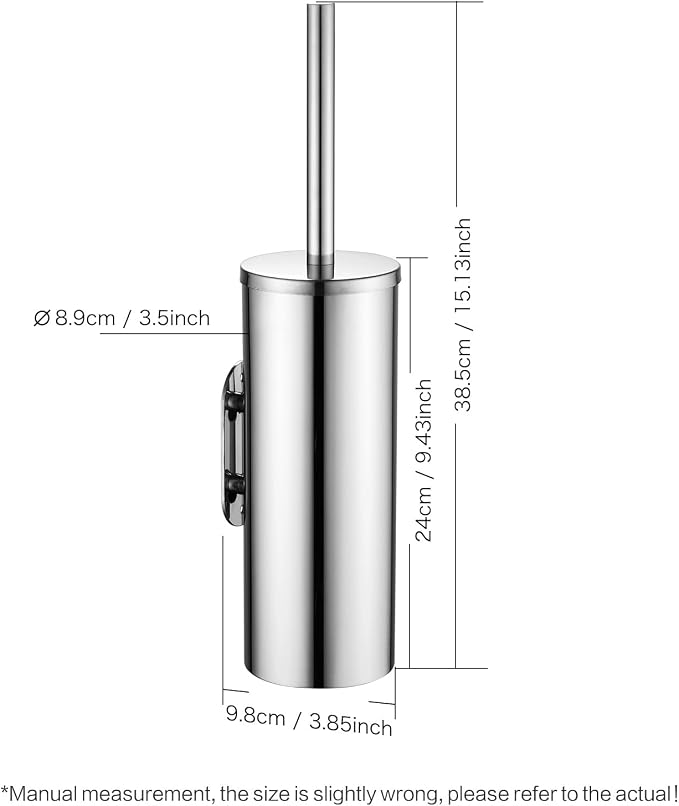Toilet Brush and Brush Holder, Stainless Steel No-Punch Hook Base Dual Purpose Toilet Brush Holder with Removable Inner Bucket and Splash Cover - Soft Bristles (Chrome)