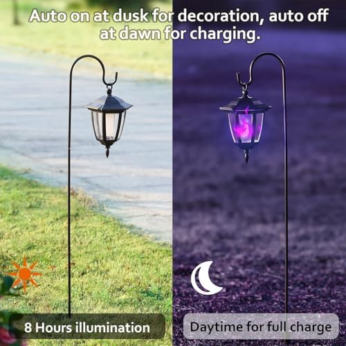 Dynaming 6 Pack Solar Halloween Flame Hanging Lights Outdoor, Flickering Flame LED Garden Lanterns with 4x38 Inch Shepherd Hooks, Landscape Lighting Waterproof for Lawn Yard Pathway Driveway, Purple