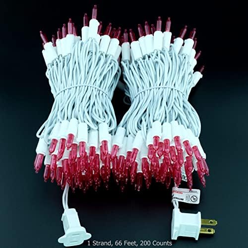 YULETIME 200 Pink LED Christmas Lights, 66 ft White Wire UL String Light
