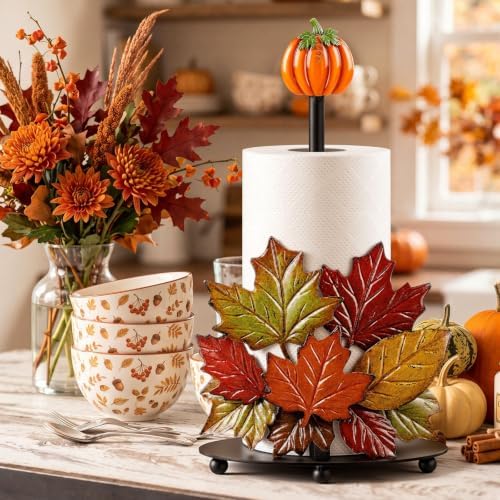 Fall Pumpkin Paper Towel Holder, Metal Maple Leaves Kitchen Stand