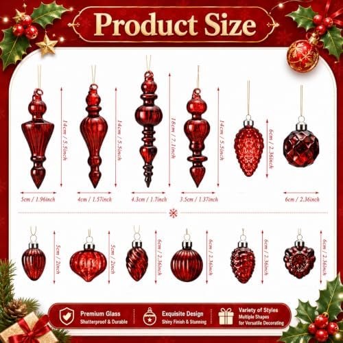 Vercraft 20 Pcs Vintage Mercury Glass Finial Christmas Ornaments, Burgundy