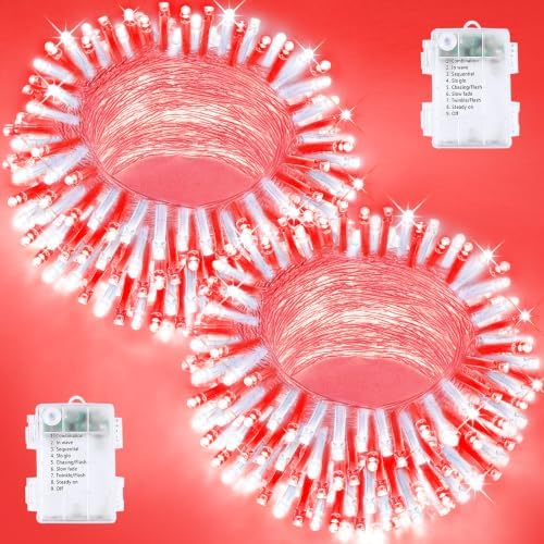 2 Pack 200 LED Battery Operated String Lights, Fairy Lights Red & White