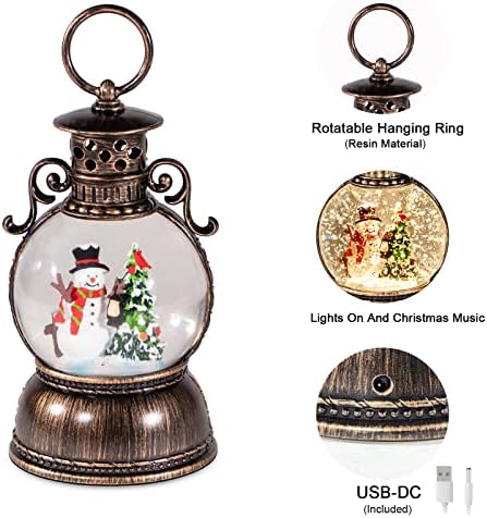 Vintage Christmas Lantern Snow Globe Lighted Musical Water Lantern with Swirling Glitter Snowman Scene, 8 Holiday Songs, 6H Timer, USB/Battery Operated Holiday Table Decor Gift