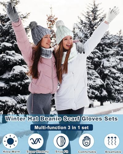 Suhine 18 Pcs Winter Beanie Hat Scarf Gloves Set for Women Include 6 Pcs Knit Hat Warm Beanie with Pompom 6 Pcs Fleece Lined Neck Warmer 6 Pair Warm Touchscreen Gloves for Women Gifts Christmas