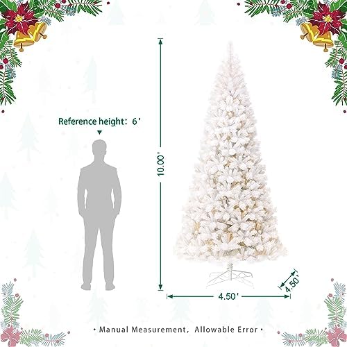 Glitzhome 10ft Pre-Lit Slim Artificial Christmas Tree, Aspen Frostfall Pine Hinged Holiday Xmas Tree with Foldable Metal Stand, 800 Warm White Lights, Ideal for Home, Office, Party Decoration