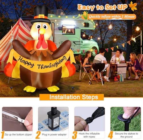 FunFanso Thanksgiving Inflatables Turkey Outdoor Decorations with Built-in LED Lights, 4.5 FT Tall Blow Up Turkey with Pilgrim Hat and Colorful Tail for Lawn Yard Garden Party House Holiday Decor