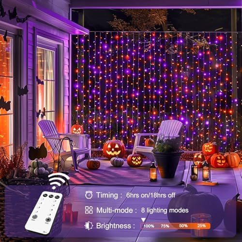 JMEXSUSS 300LED Halloween Curtain Lights, Orange and Purple, 9.8x9.8ft