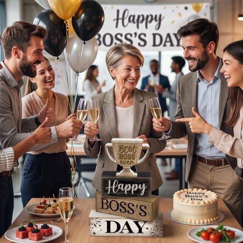 Moucuny 4 Pcs Boss Day Table Decorations Rustic Trophy Wooden Blocks Decor