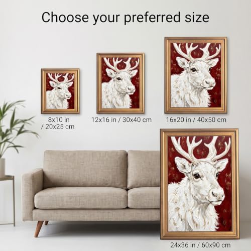 Framed Canvas Wall Art Painterly Reindeer Portrait Red and White with Gold Highlights Canvas Print Poster Gold Frame Wall Decor for Living Room Bedroom Holiday Decor, Winter Art - Inch 12x16