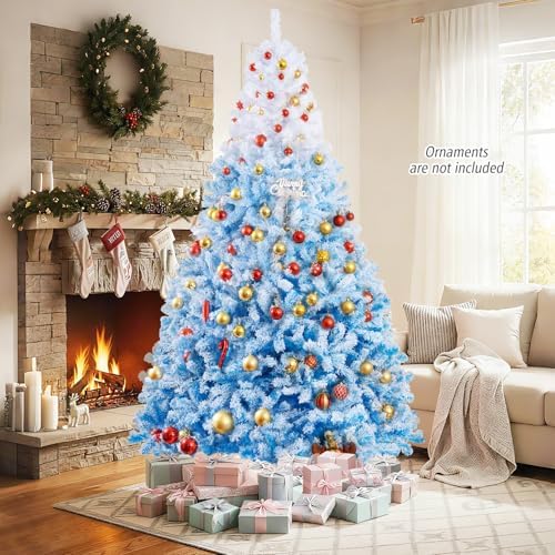 HAPPYGRILL 8 FT Flocked Christmas Tree Blue Hinged Xmas Tree with 1774 Branch Tips & Folding Metal Stand, Artificial Christmas Tree for Home Office Carnival