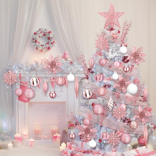 CroBlissful 118 Pcs Christmas Tree Ornaments Set Including Ornaments Balls, Mesh Ribbon,Hanging Snowflakes Icicle, Tree Top Star, Flower, Berries Stems for Xmas Trees Holiday Decor(Pink)