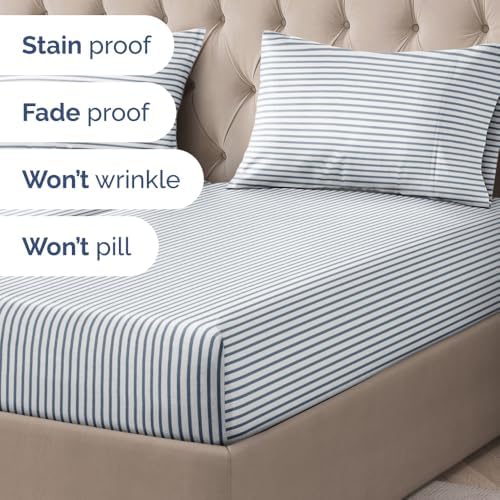 Split King 5 Piece Striped Sheet Set - Breathable & Cooling - Ocean Stripe