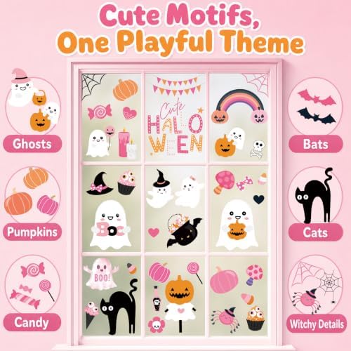 Pink Halloween Window Clings Stickers Decor for Kids Cute Decal Decorations