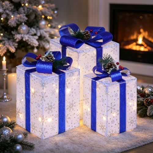 Set of 3 Christmas Lighted Gift Boxes, Light Up Blue Present Boxes
