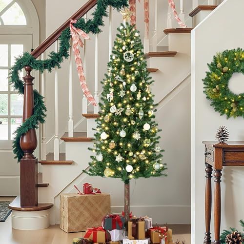 GarveeHome Pencil Christmas Tree 7.5 ft Pre-lit Alpine Slim Holiday Decoration, Lighted Skinny Décor LED Lights, Metal Stand, 7.5 ft Xmas Tree for Room, Bedroom, Apartment, Outdoor, Office, 7.5 Foot