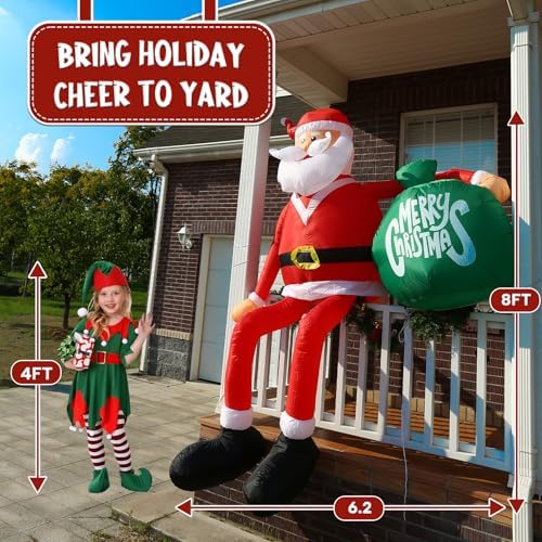 8FT Climbing Santa Inflatable with Gift Bag and LED Lights for Yard