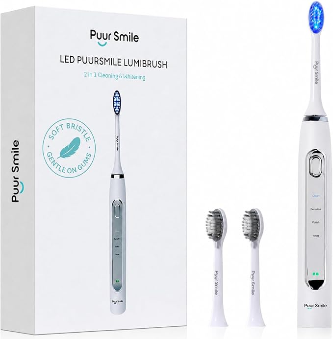 Puur Smile Soft Bristle Electric Toothbrush - 2 (Blue led) Brush Heads for Adults | 4 Cleaning Modes with Smart Timer, IPX7 Waterproof, Long-Lasting Battery & Wireless Charging Base (White)