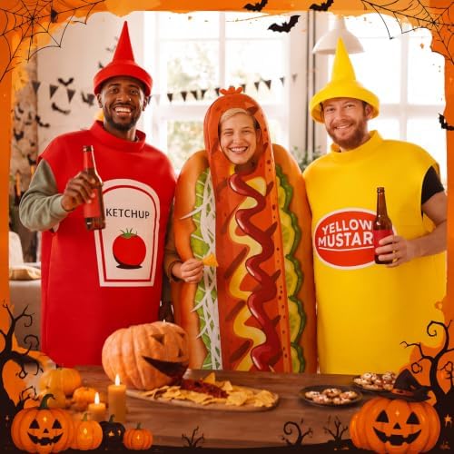 Mepase 3 Pcs Hot Dog Ketchup Mustard Halloween Costumes Set for Adults