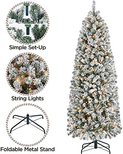 Yaheetech 6ft Pre-lit Snow Flocked Pencil Christmas Tree, Green & White