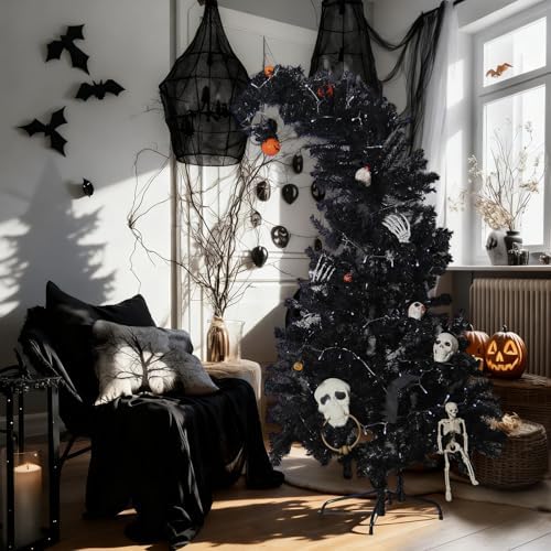 Daifunli 6 ft Black Christmas Tree with Light - Prelit Halloween Crooked Neck Christmas Tree Artificial for Xmas Holiday Party Indoor Outdoor Decoration