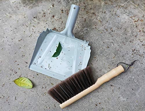 Metal Dust Pan and Brush Set, Natural Bristle Wooden Hand Broom for Fireplace, Garage, Workshop, 9" Wide