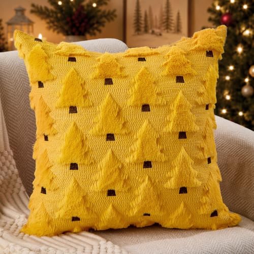 Allorry Christmas Pillow Covers 18x18 inch Set of 2 Yellow Christmas Decorations Soft Plush Faux Fur Wool Christmas Tree Throw Pillow Cases Winter Holiday Decor for Sofa Living Room PT002G18