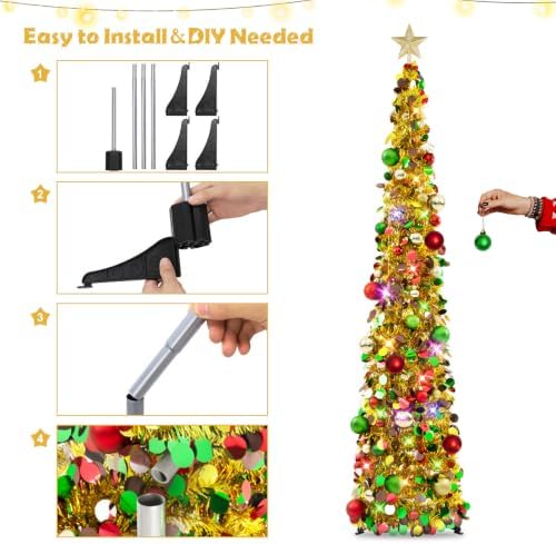 N&T NIETING Pop Up Christmas Tree with Lights & Ornaments, 6FT, Gold