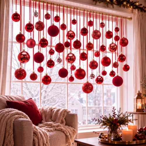 56 Pcs Red Christmas Window Hanging Ball Ornament Window Decorations Set