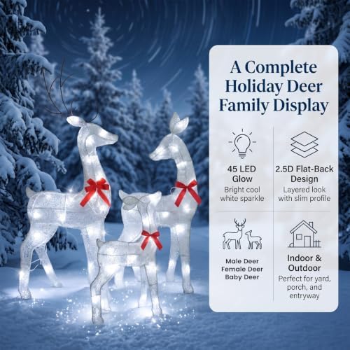 34IN 3-Piece 2.5D Lighted Christmas Deer Family Outdoor Decorations, White Pre-Lit Reindeer Set with 45 Lights, Stakes and Zip Ties for Yard Lawn Porch Garden Patio Holiday Party Decor
