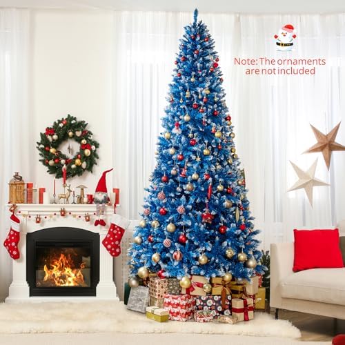 HAPPYGRILL 9 FT Pre-lit Christmas Tree Blue Hinged Artificial Xmas Tree with 520 Warm White LED Lights, 8 Modes, 1938 Frosted Branch Tips, Folding Metal Base, for Home Party Holiday