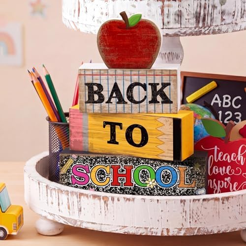 Lineshading 4 Pcs Back to School Table Decor Wooden Apple Blocks Sign